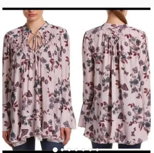 Free People Pebble Crepe Smocked Tunic Flowy Boho Chic Floral Blouse(XS)